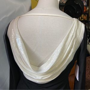 Classic black dress with white drape scoop neckline front and back NWT